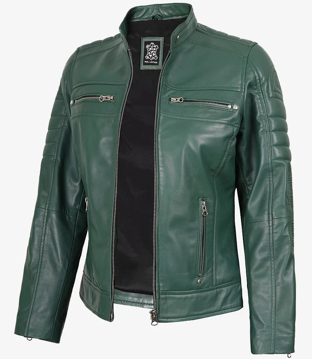 Austin Women’s Green Real Leather Cafe Racer Jacket