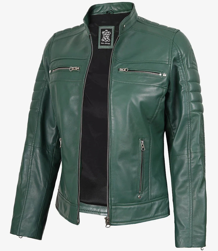Austin Women’s Green Real Leather Cafe Racer Jacket
