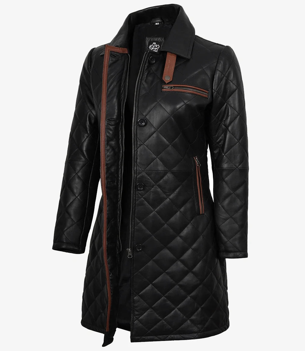 Black Quilted Real Leather Car Coat