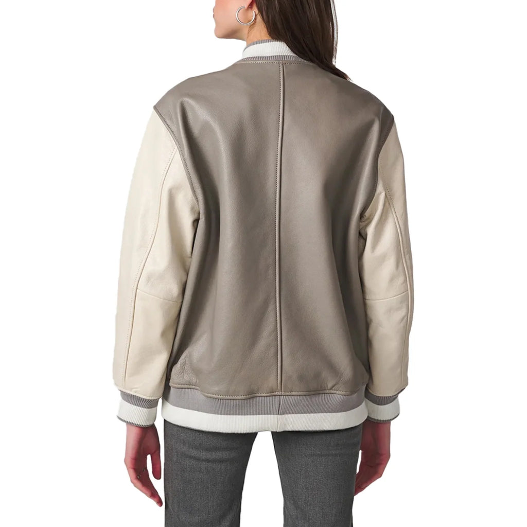 Clara Oversized Beige Bomber Varsity Leather Jacket Women’s