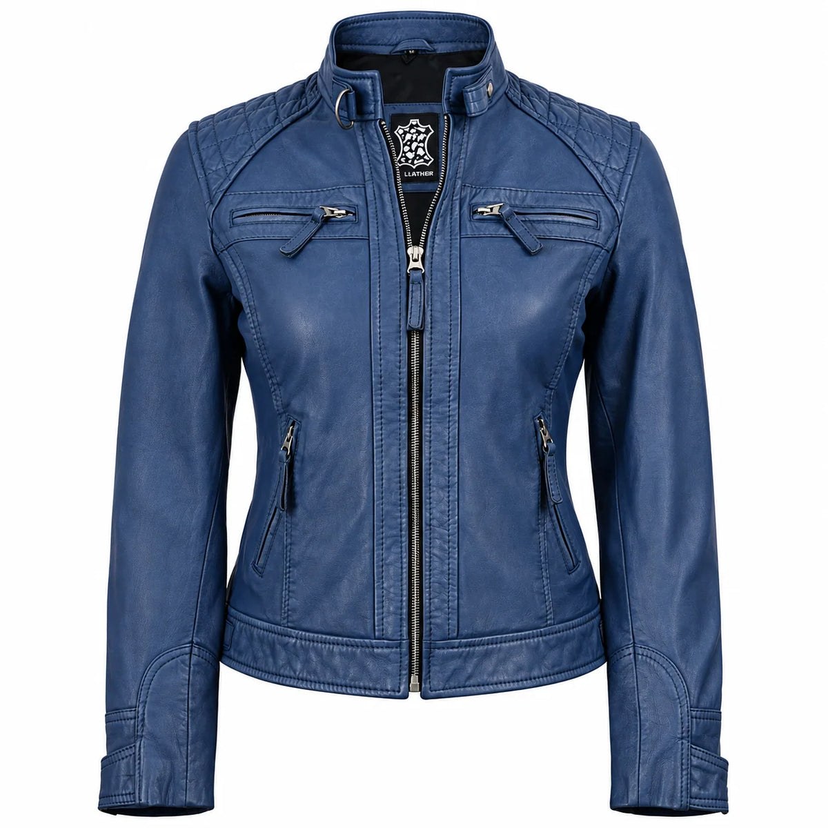 Johnson Women’s Blue Distressed Washed Leather Biker Jacket