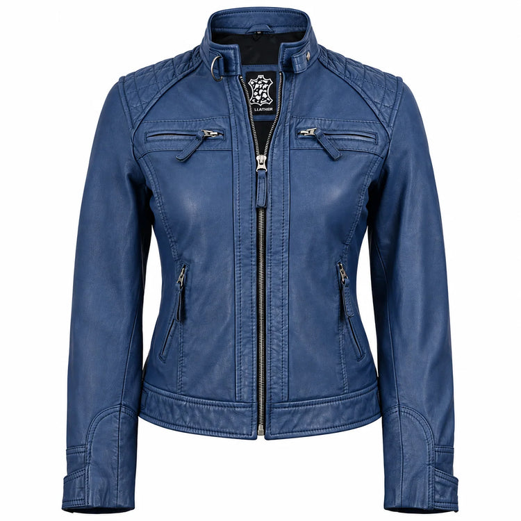 Johnson Women’s Blue Distressed Washed Leather Biker Jacket