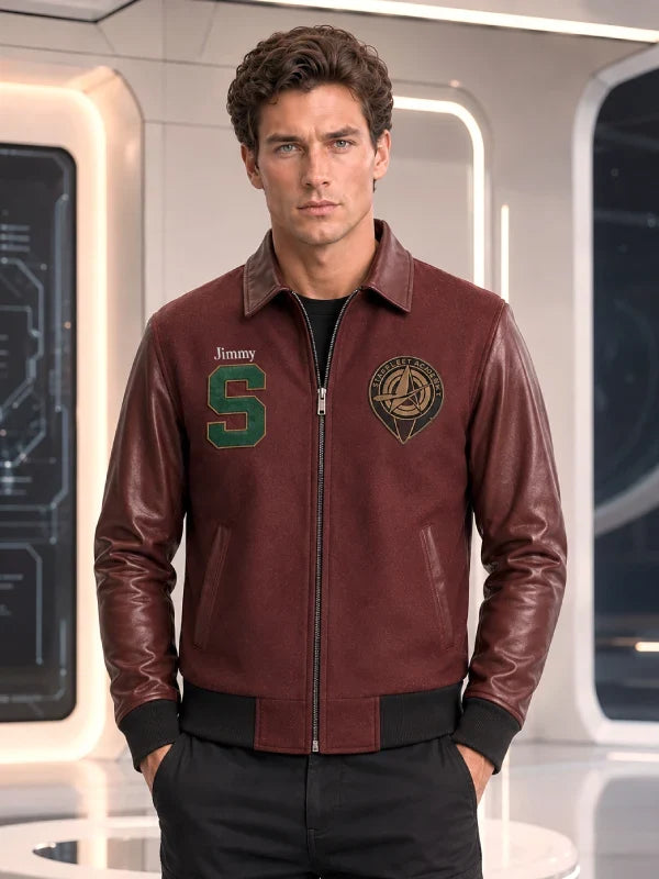 Men's Burgundy Leather Jacket, Varsity Letter Patch Bomber Coat