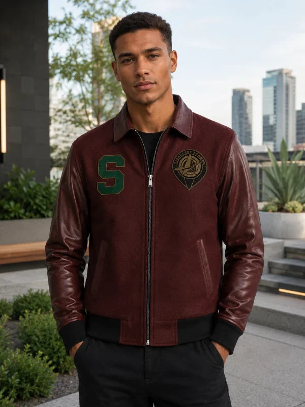 Men's Burgundy Leather Jacket, Varsity Letter Patch Bomber Coat
