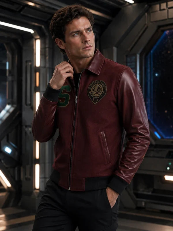 Men's Burgundy Leather Jacket, Varsity Letter Patch Bomber Coat