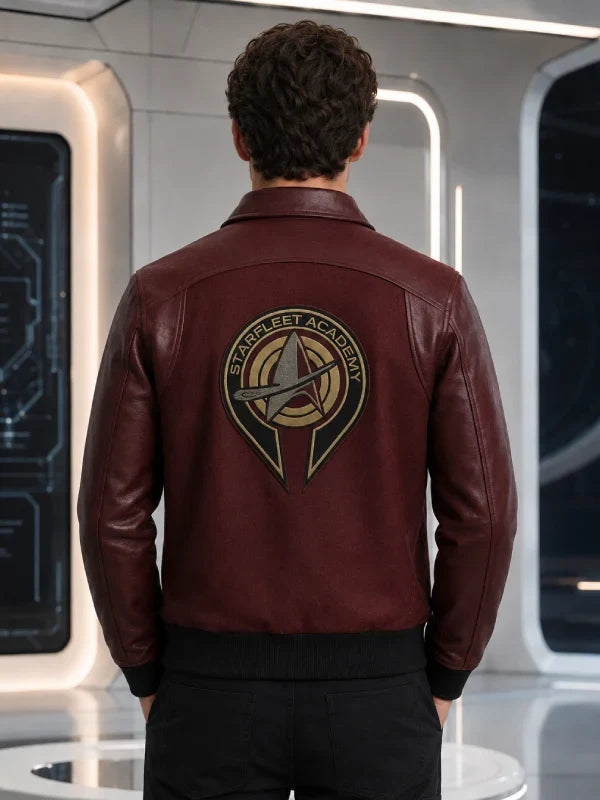 Men's Burgundy Leather Jacket, Varsity Letter Patch Bomber Coat