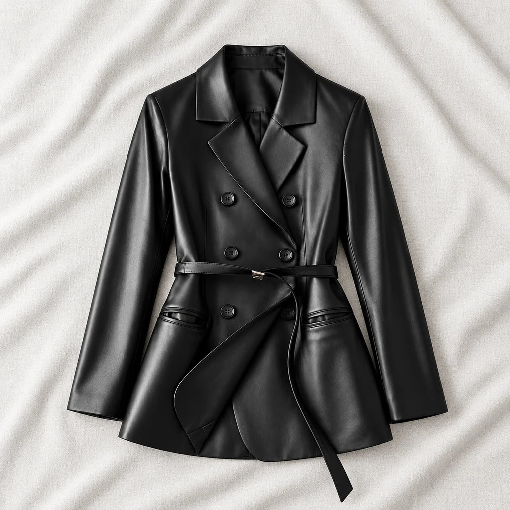 Women’s Black Belted Double-Breasted Leather Blazer