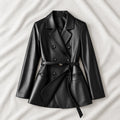 Women’s Black Belted Double-Breasted Leather Blazer