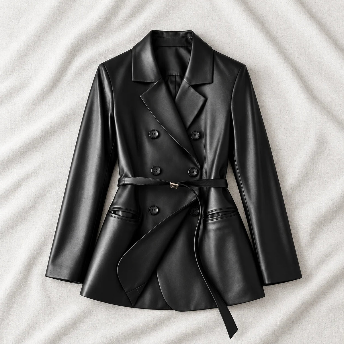 Women’s Black Belted Double-Breasted Leather Blazer
