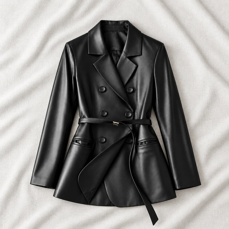 Women’s Black Belted Double-Breasted Leather Blazer