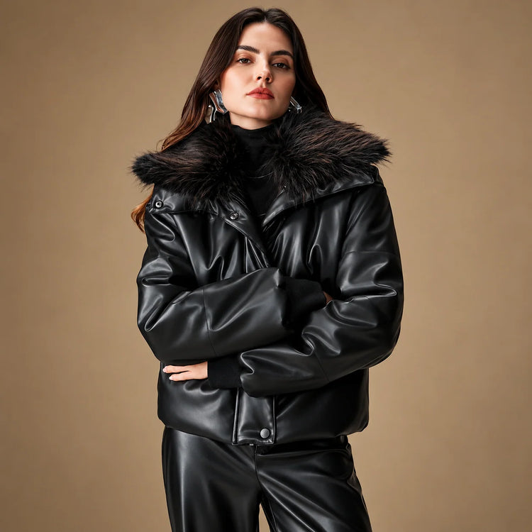 Women’s Black Fluffy Collar Faux Leather Puffer Jacket