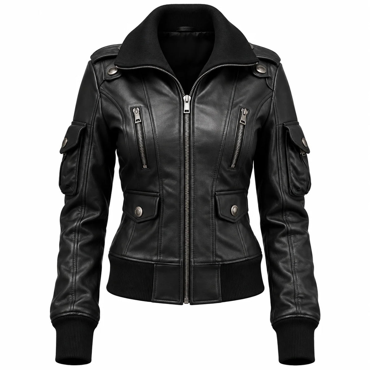 Women’s Black Leather Bomber Jacket