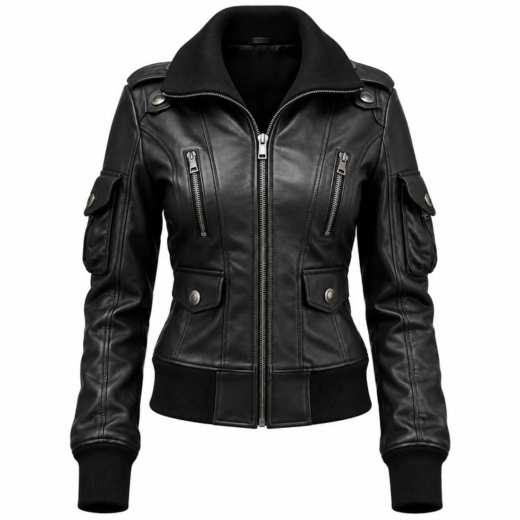 Women’s Black Leather Bomber Jacket