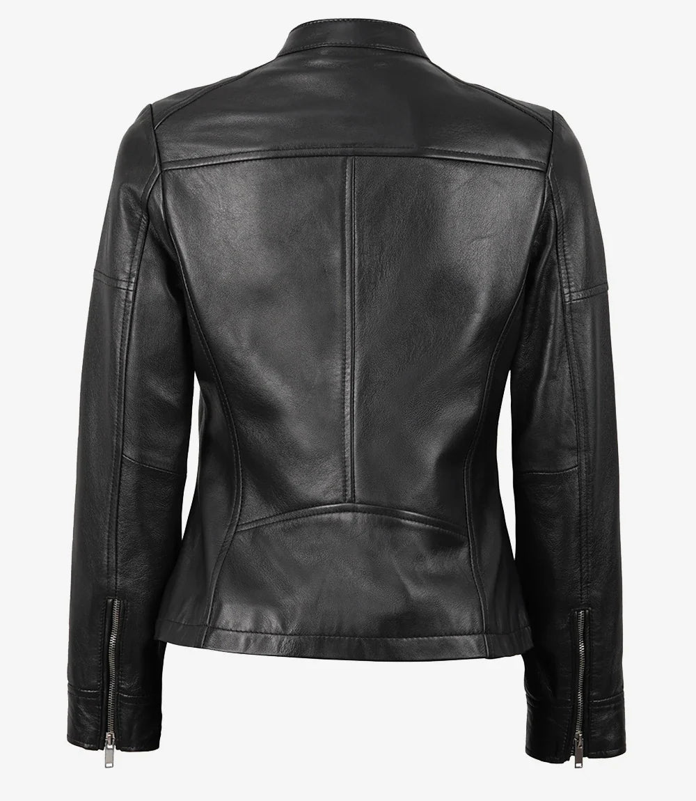 Women’s Black Leather Cafe Racer Textured Jacket