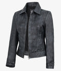 Women’s Black Leather Harrington Jacket - Vintage Washed