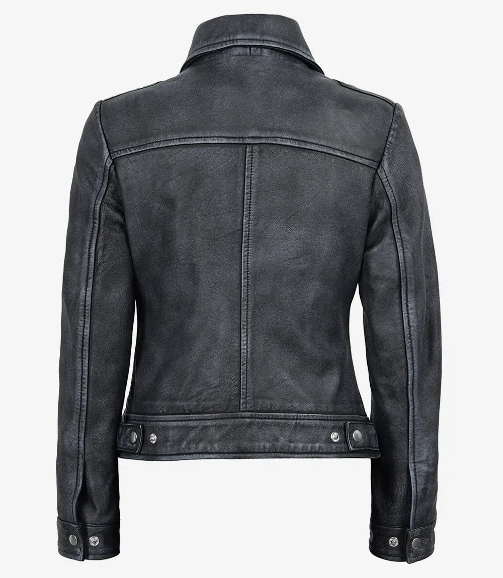 Women’s Black Leather Harrington Jacket - Vintage Washed