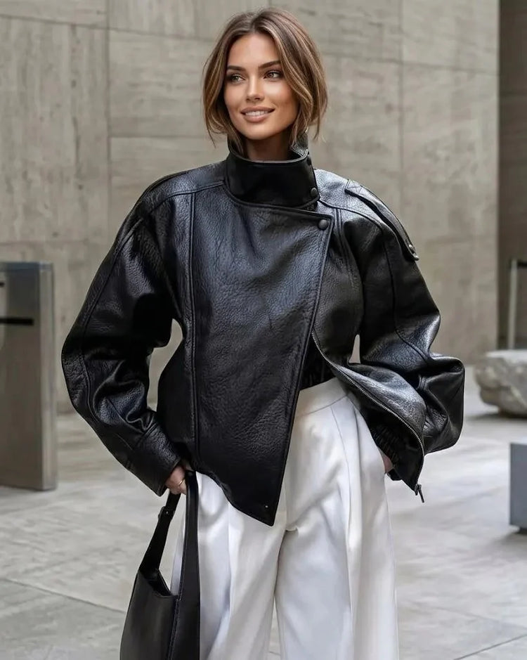 Women's Black Oversized Leather Jacket, Asymmetric Zip Moto Coat
