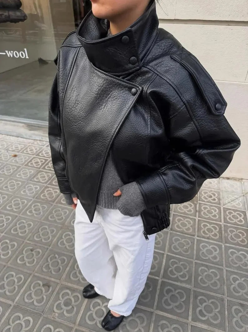 Women's Black Oversized Leather Jacket, Asymmetric Zip Moto Coat
