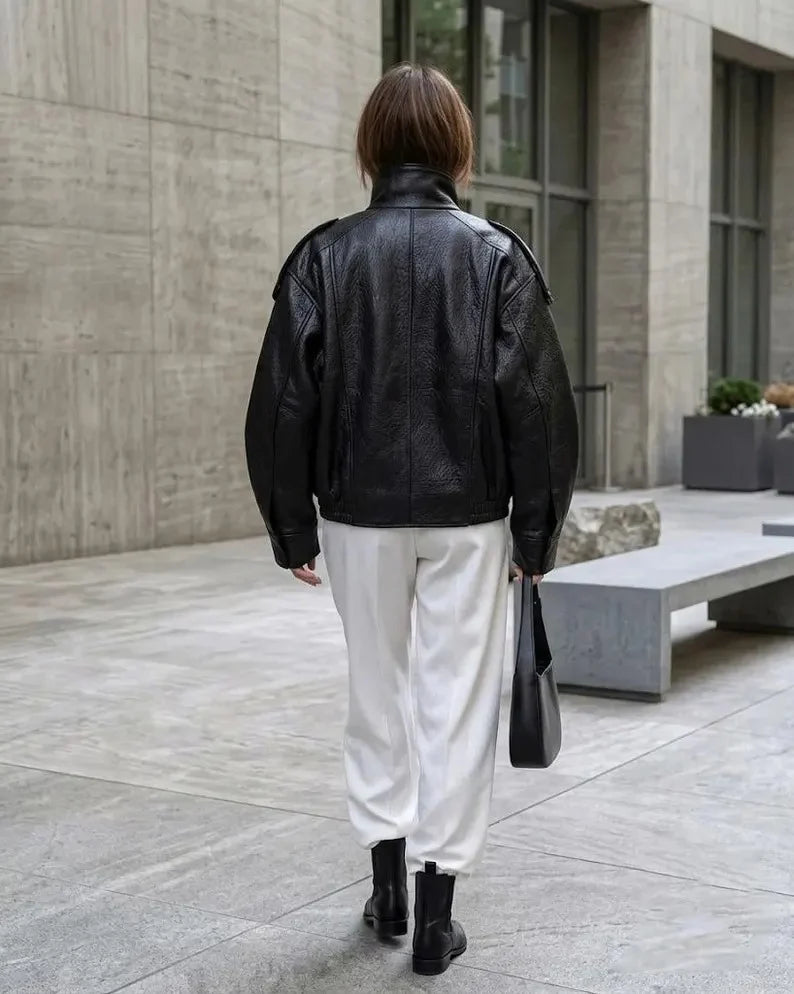 Women's Black Oversized Leather Jacket, Asymmetric Zip Moto Coat