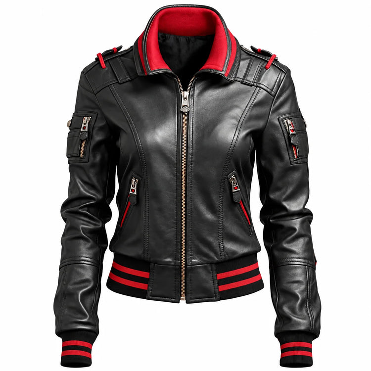 Women’s Black & Red Striped Leather Bomber Jacket