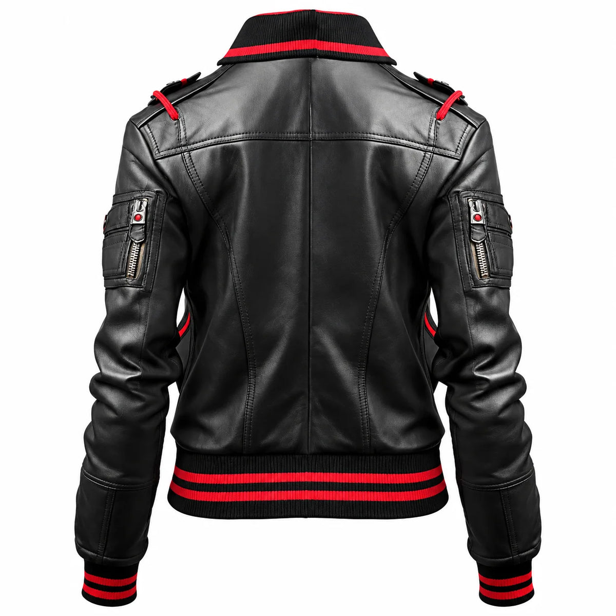 Women’s Black & Red Striped Leather Bomber Jacket