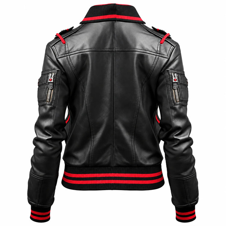 Women’s Black & Red Striped Leather Bomber Jacket