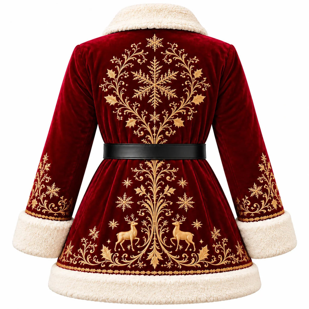 Women's Velvet Christmas Coat with Gold Embroidery