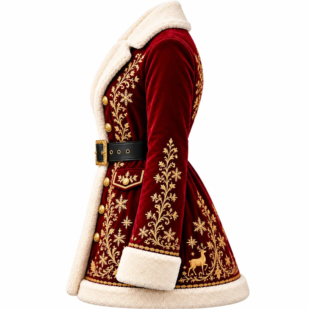 Women's Velvet Christmas Coat with Gold Embroidery
