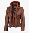Women's Cognac Brown Leather Jacket With Removable Hood
