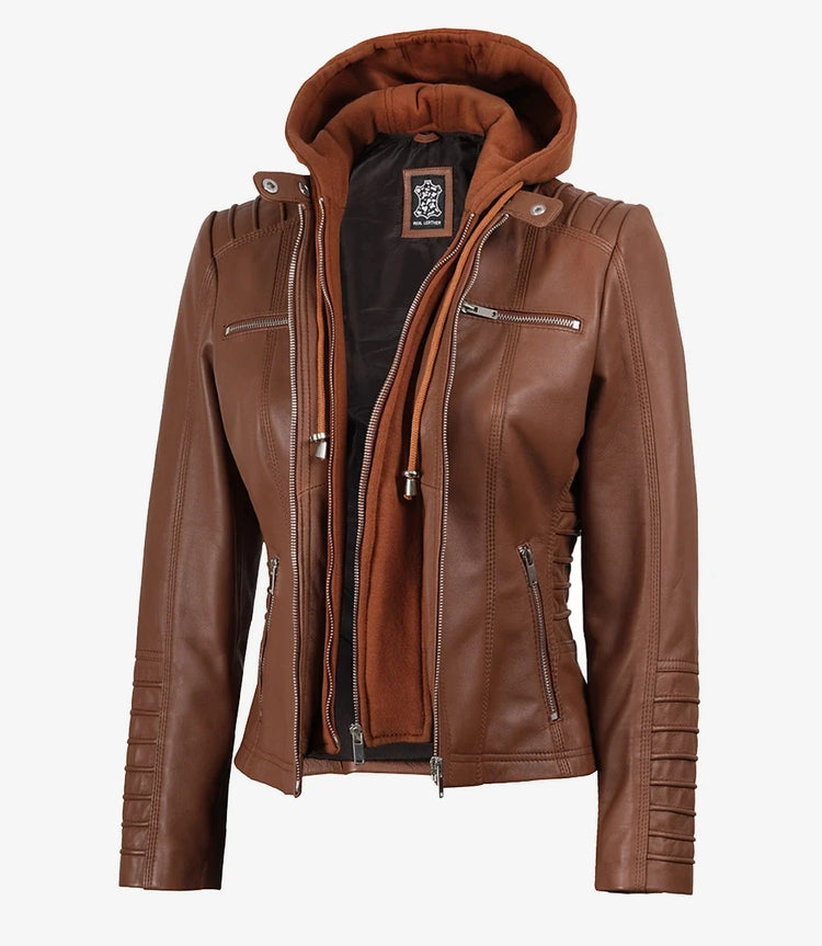 Women's Cognac Brown Leather Jacket With Removable Hood