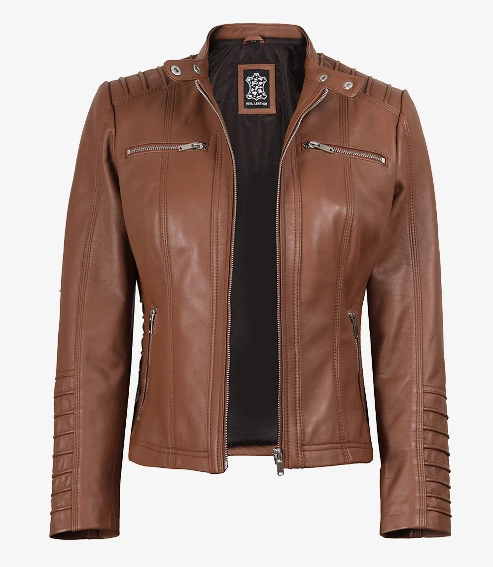 Women's Cognac Brown Leather Jacket With Removable Hood