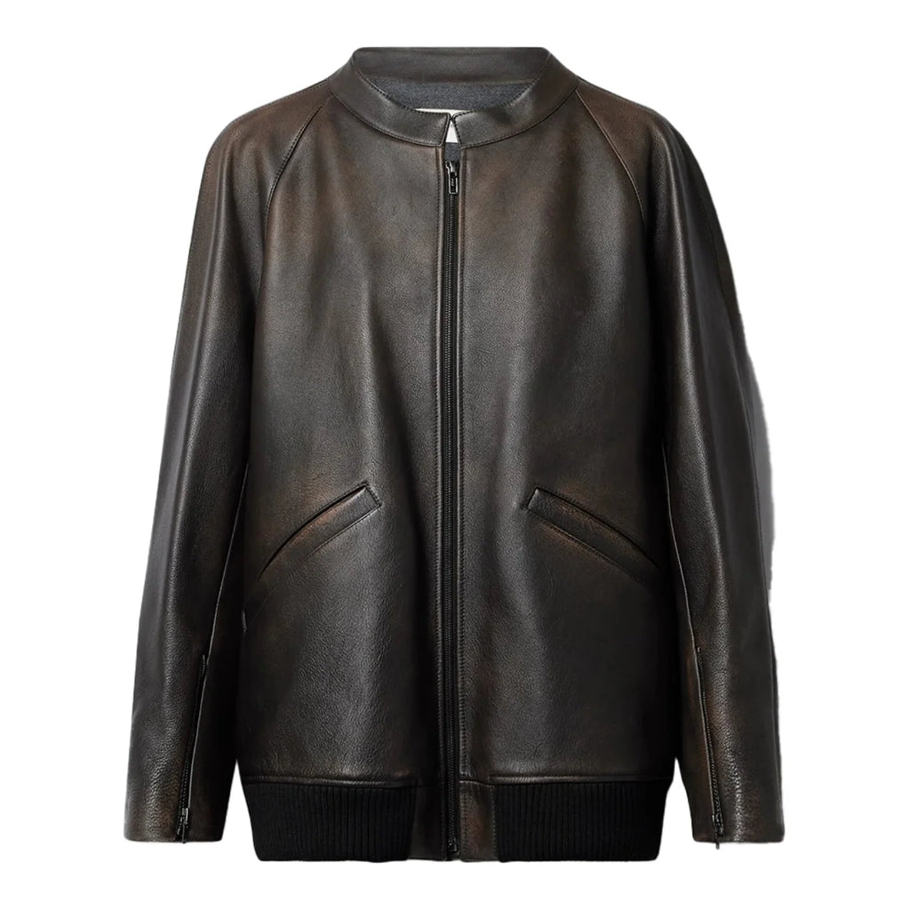 Women’s Distressed Brown Leather Bomber Jacket