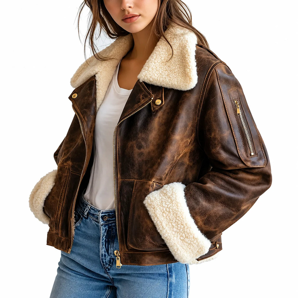 Women's Distressed Vintage-Style Real Leather Aviator Jacket
