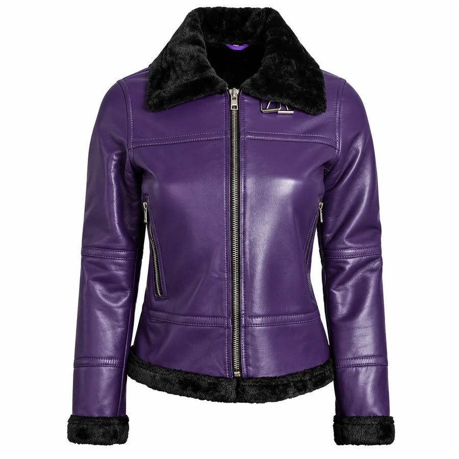 Women’s Purple Shearling Leather Bomber Jacket