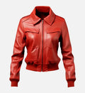 Women’s Red Leather Bomber Jacket