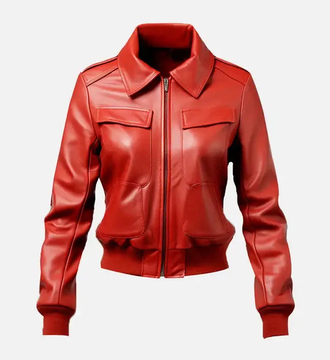 Women’s Red Leather Bomber Jacket