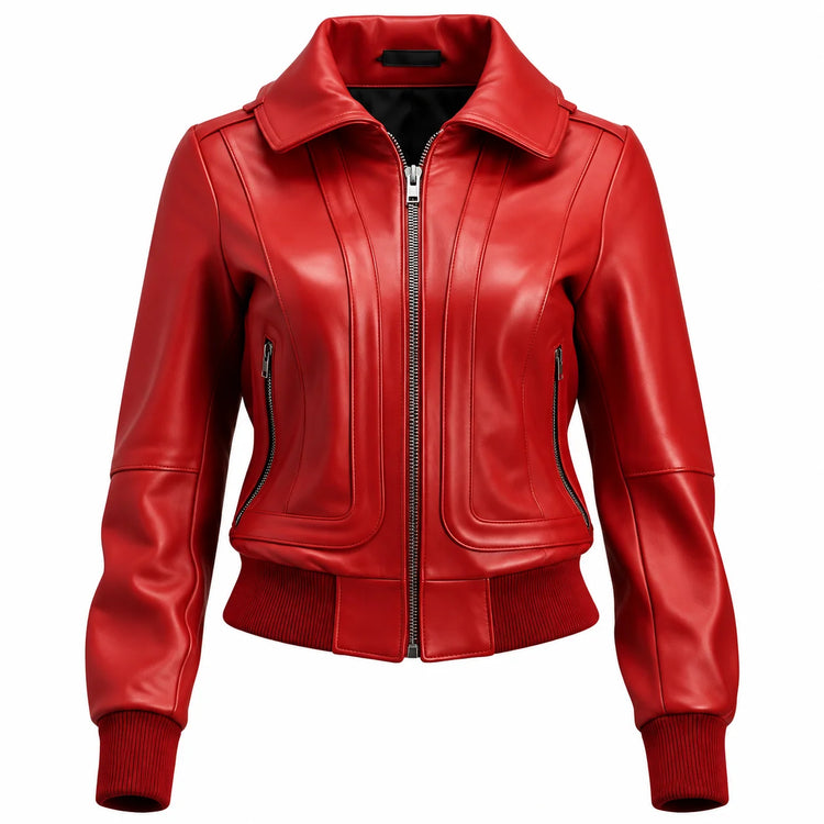 Women’s Red Leather Bomber Jacket