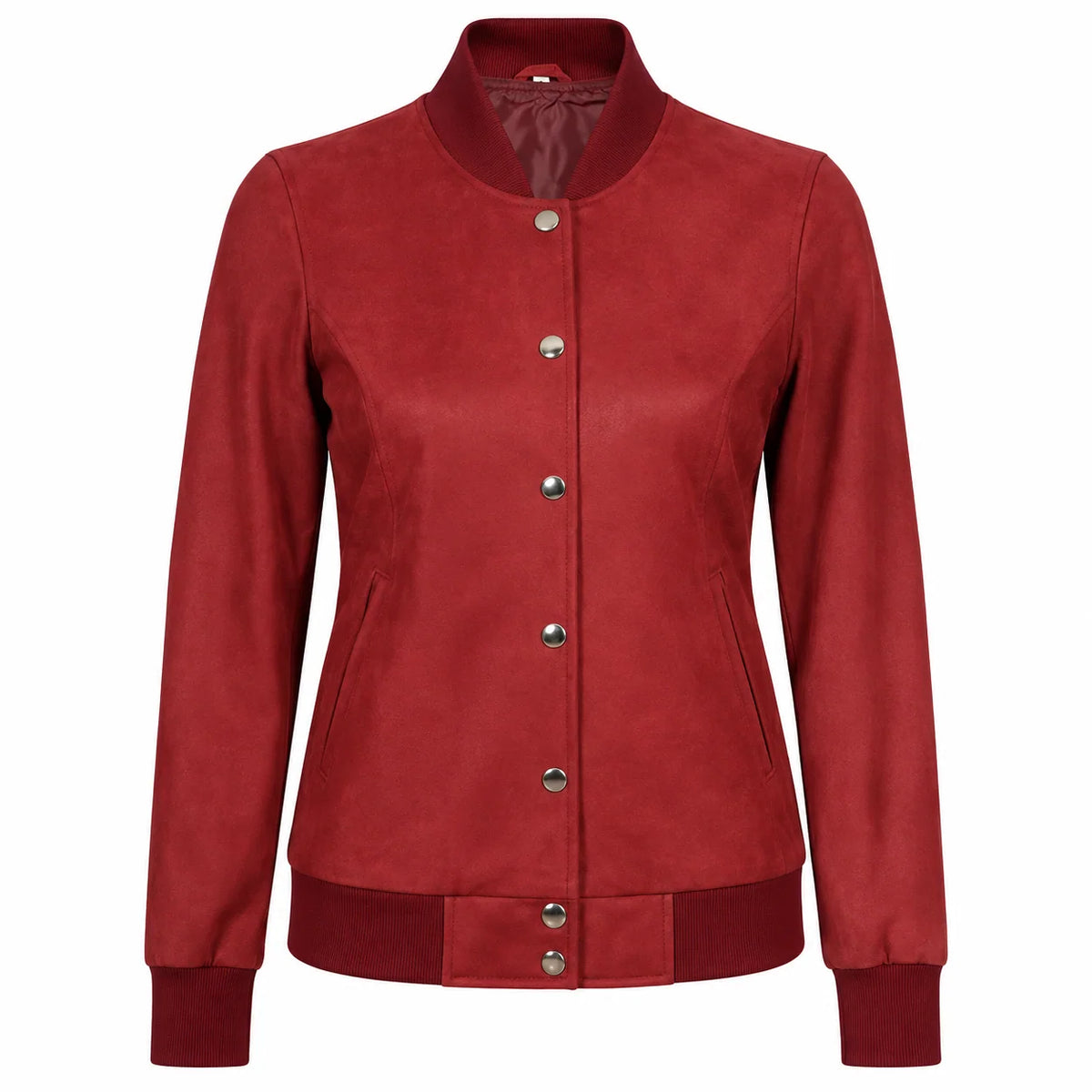 Women’s Rib Knit Style Leather Maroon Bomber Jacket