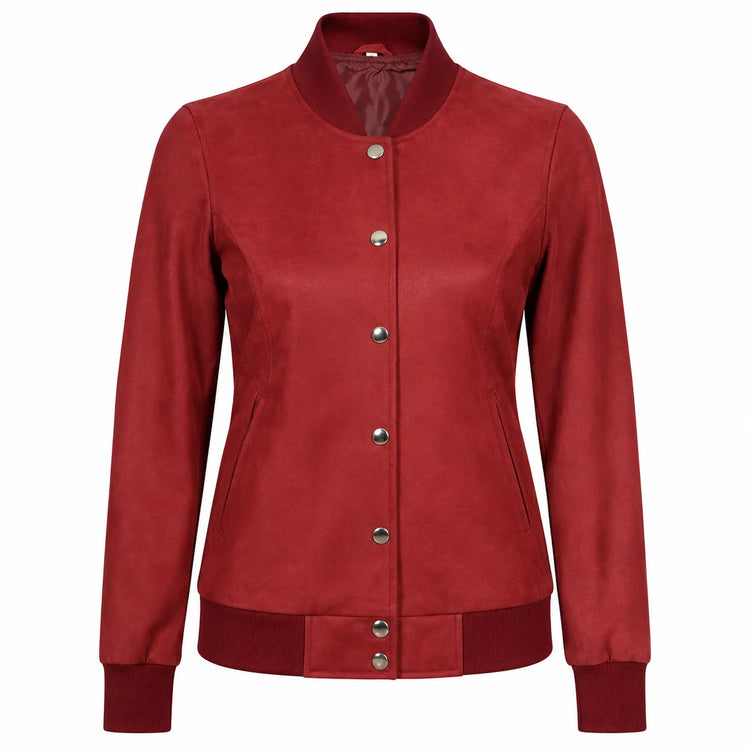 Women’s Rib Knit Style Leather Maroon Bomber Jacket