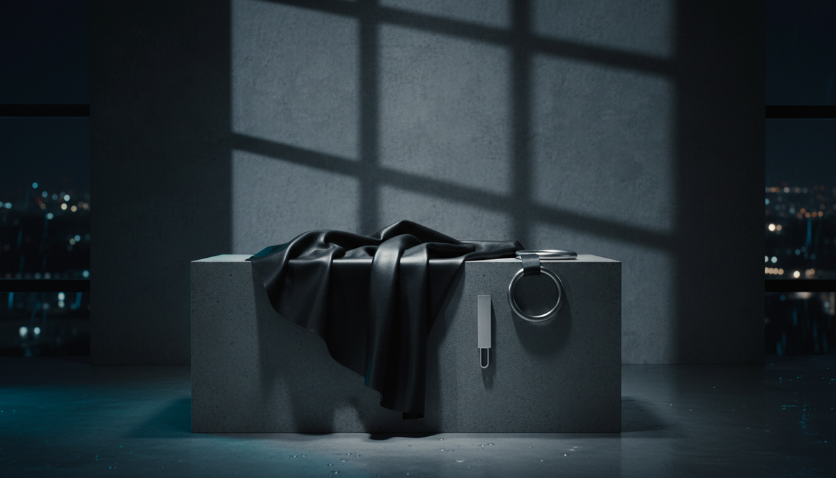 Leather jacket draped over a plinth at night