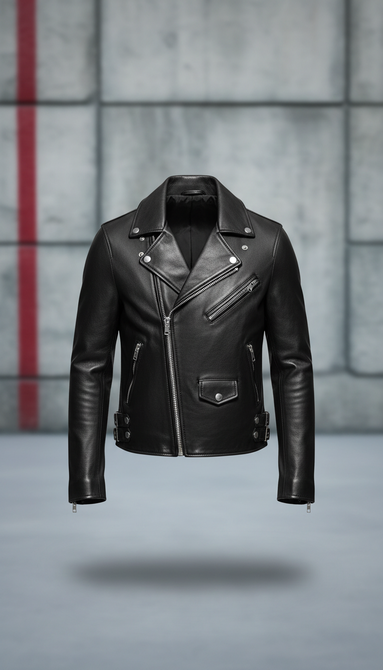 Man in a black leather biker jacket