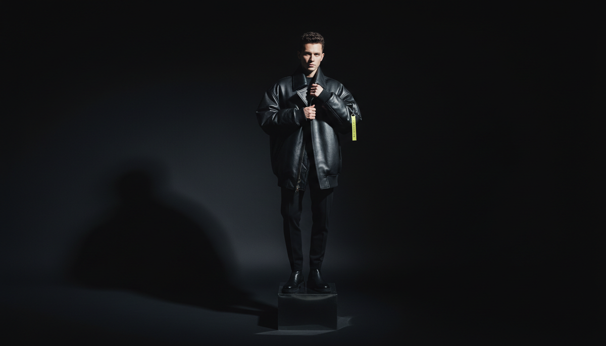 Man in an oversized leather jacket