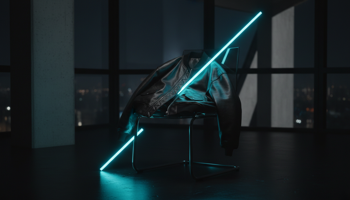 Leather jacket on a chair under neon light