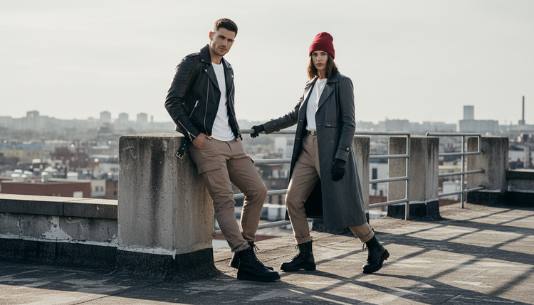Couple in a leather jacket and long coat on a city rooftop